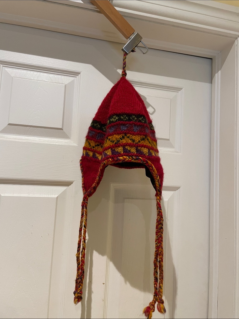 Red Knit Earflap Hat with Multicolor Fair Isle Trim